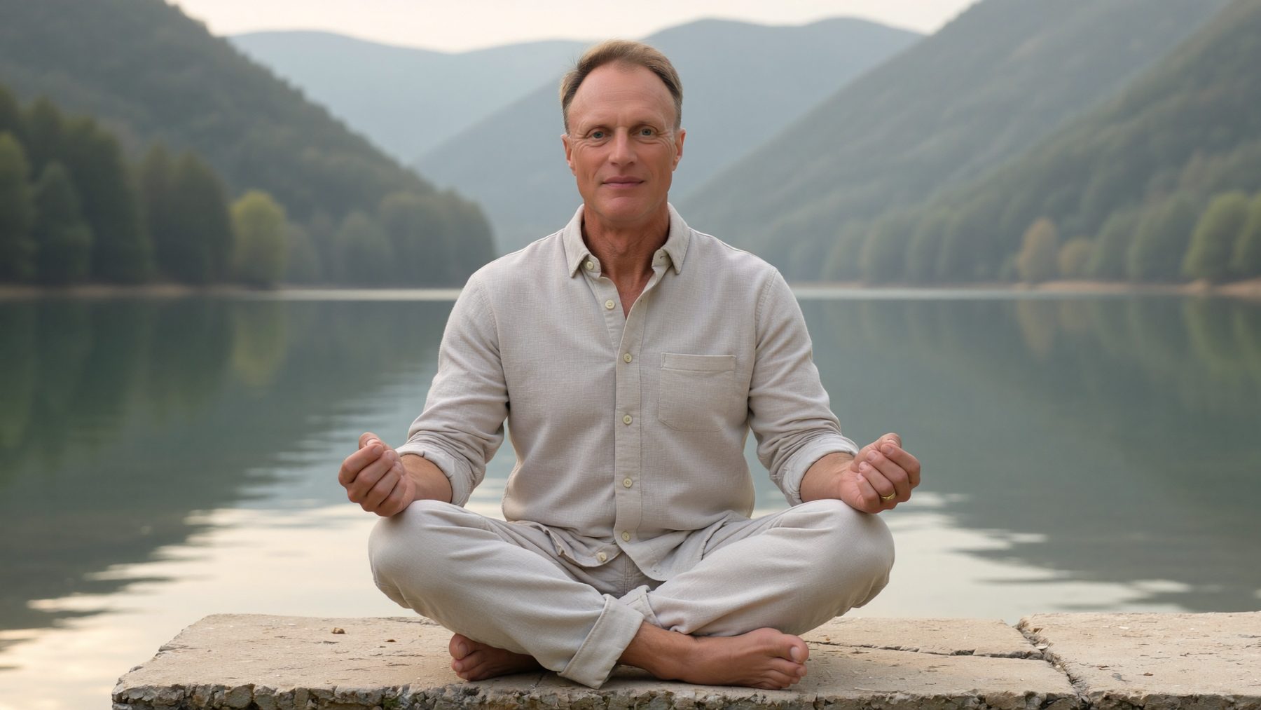 Greg de Vries meditating cross-legged on a stone ledge beside a still mountain lake
