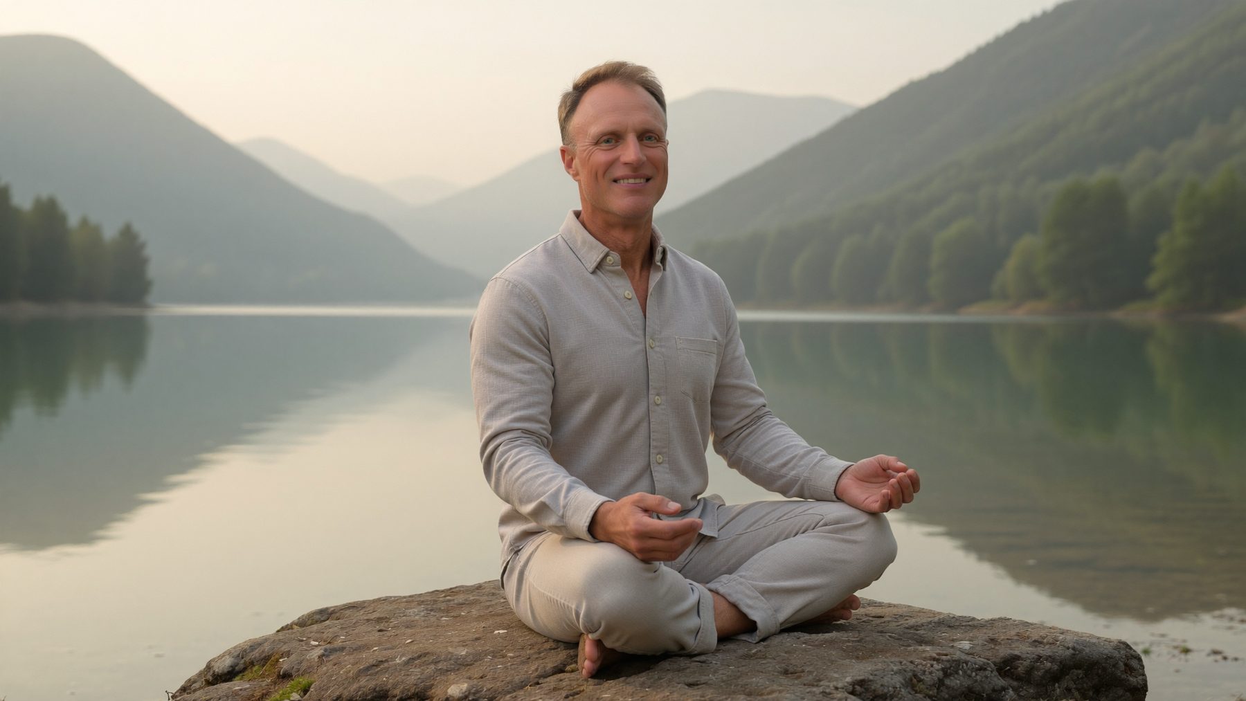 Greg de Vries meditating beside a calm mountain lake at dawn