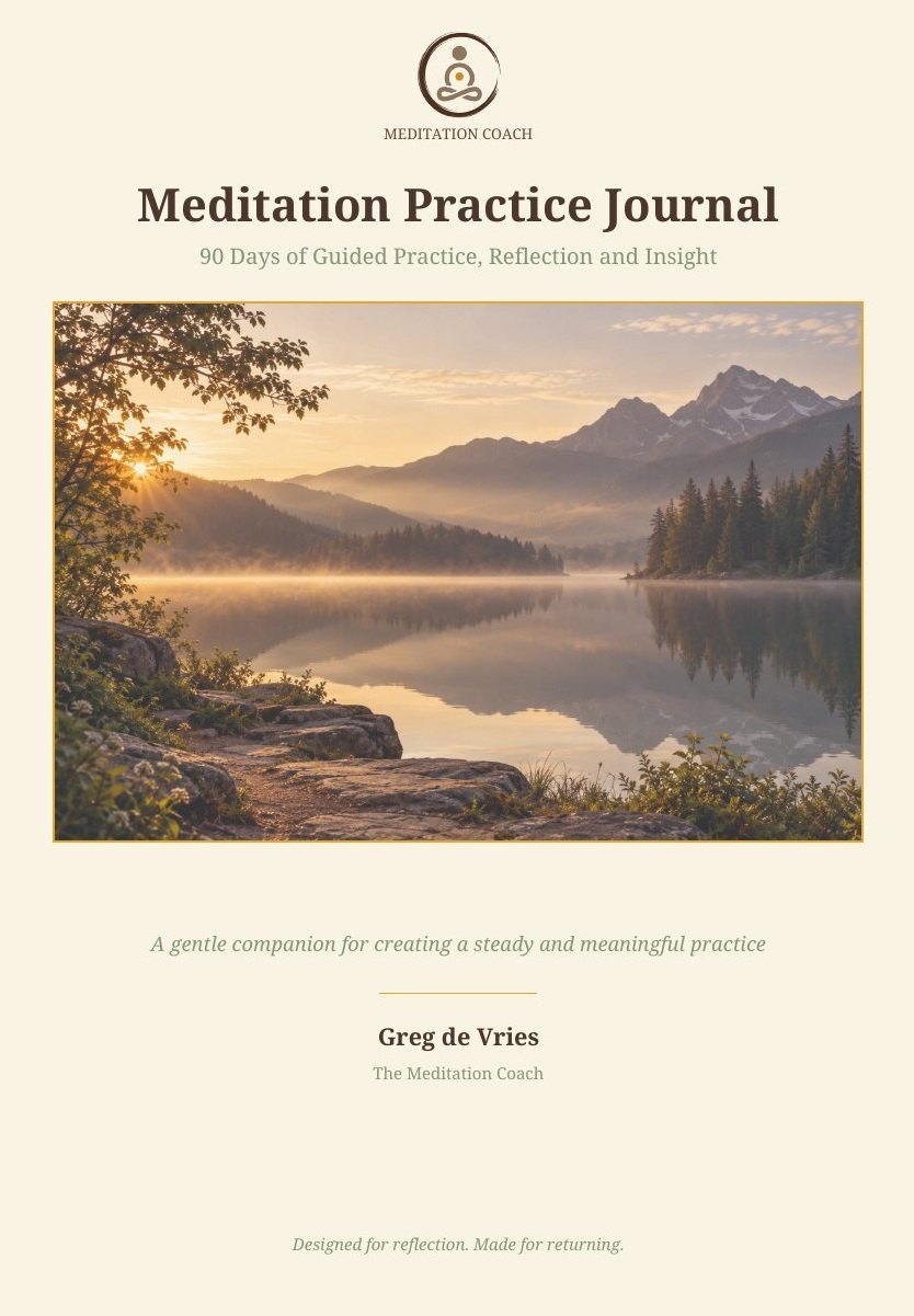 Cover of the Meditation Practice Journal by Greg de Vries, featuring a quiet mountain lake at sunrise.